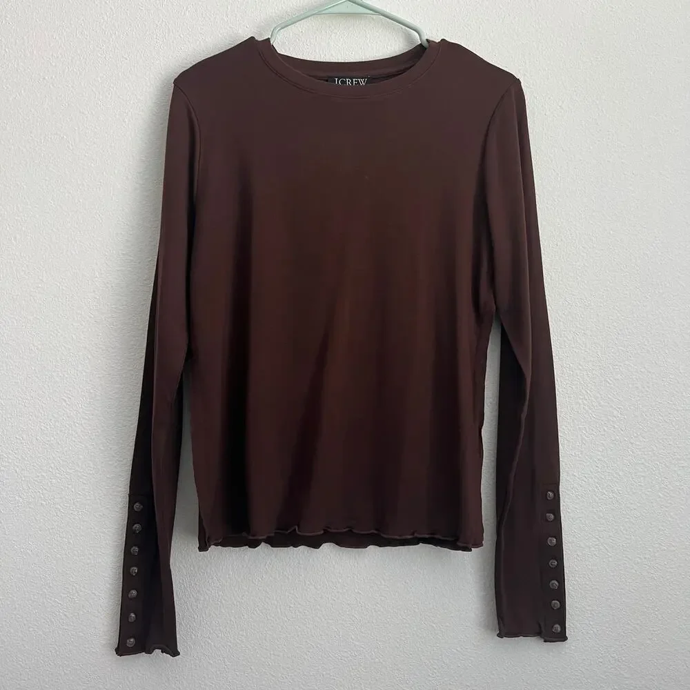 J Crew Refined Rib Long Sleeve Shirt With Button Cuffs Large Brown